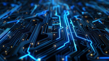 Poster - Close-up of a modern blue circuit board with glowing lines and components, representing advanced technology and digital communication.