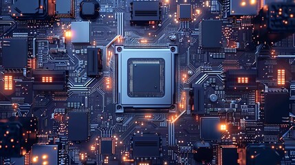 Poster - Close-up view of a complex computer motherboard with glowing circuits, showcasing modern technology and intricate electronic components.