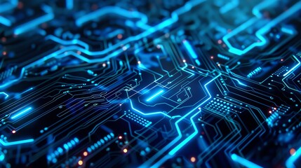 Poster - Close-up view of a glowing blue circuit board with intricate patterns, representing the technology and electronics industry.