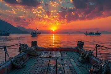 Wall Mural - A boat is floating on the water with the sun setting in the background