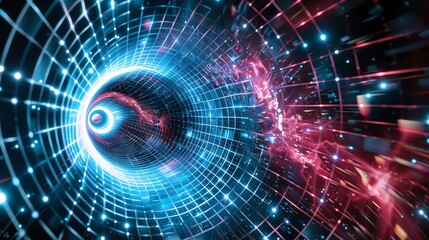 Poster - Colorful abstract vortex with neon lights and grid pattern illustrating futuristic and sci-fi concepts, a stunning digital art creation.