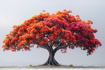 a tree with bright red flowers on the branches, glowing against the white sky background.