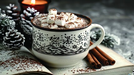   Hot Chocolate with Marshmallows & Cinnamon Sticks on Book w/ Candle Background