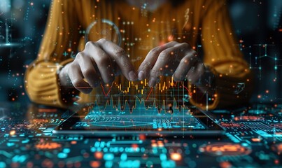 Poster - a person is using a tablet to type on a screen with a lot of numbers and lines