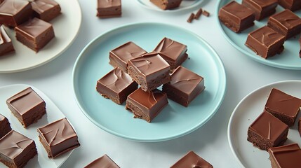 Sticker -   A plate of brownies sits atop a white table dotted with chocolate frosting squares