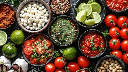 Wall Mural -   A table laden with diverse dishes in bowls, alongside limes, tomatoes, onions, beans, and limes