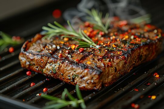 A closeup of perfectly grilled and charred steak, adorned with rosemary sprigs and sprinkled with red chili powder on the surface