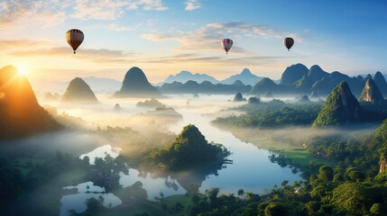 Wall Mural - Hot air balloons floating over a scenic landscape at dawn - 