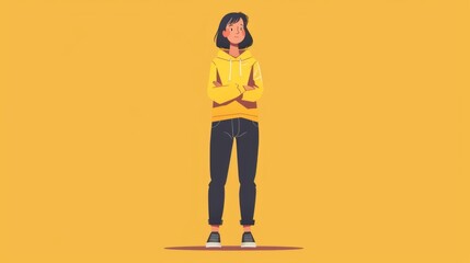 Wall Mural - A cartoon of a girl with her arms crossed standing in front of yellow background, AI