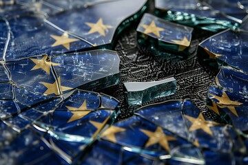 flag of the european union yellow stars on blue background made of glass broken, concept of decaying and disintegrating EU project