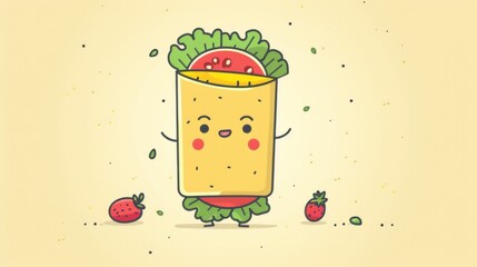 Canvas Print - A cartoon burrito with strawberries and a smiley face, AI