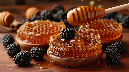 Wall Mural -   A blackberry-filled jar with a honey dipper
