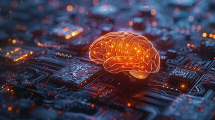 Poster - A glowing, digital brain illustration sits on a complex circuit board