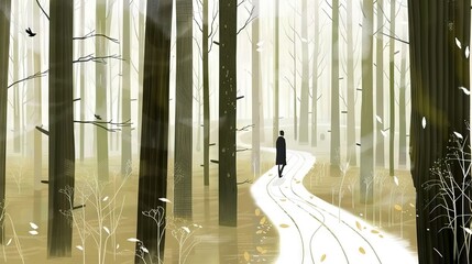 Sticker -   A person stands in a forest with a path leading the way and trees surrounding them in the background