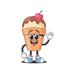Wall Mural - adorable cartoon ice cream cone character with glasses, waving happily, topped with chocolate and a 