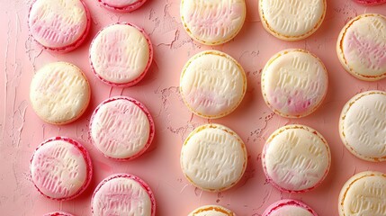 Wall Mural -   A collection of pink and white cookies rests on a pink backdrop with white frosting adorning the top of them
