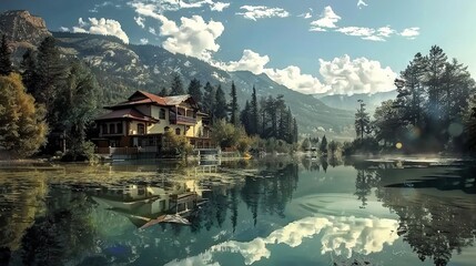 Sticker -   A house perched atop a lake, surrounded by a lush forest of many trees and majestic mountains in the background