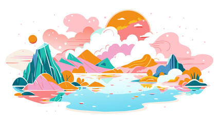 Wall Mural - Surreal Pastel Mountain Landscape with Reflective Lake at Sunset