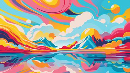 Wall Mural - Vibrant Surreal Landscape with Reflective Waters and Whimsical Skies