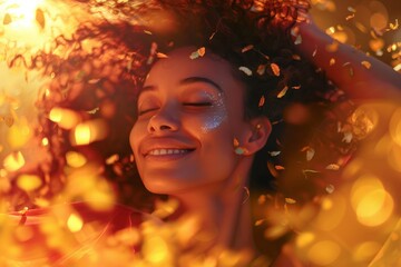 Wall Mural - Woman Smiling Amidst Golden Leaves and Warm Light