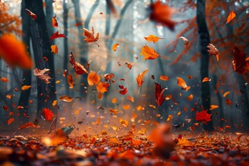 Wall Mural - Color explosion in nature, with autumn leaves caught mid-fall in a gust of wind, creating a natural burst of reds, oranges, and yellows against a forest backdrop 