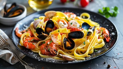 Sticker - Tagliatelle with seafood, food photography, 16:9