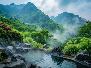 Wall Mural - Peaceful Japanese hot spring nestled in the mountains, with steam rising from the natural pools surrounded by rocks and lush greenery 