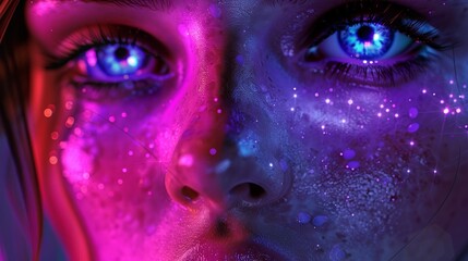 Womans face with neon light projections, cyberpunk, digital art, purple and blue tones, high detail 8K , high-resolution, ultra HD,up32K HD