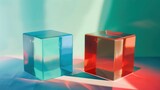 Colorful transparent acrylic cubes reflecting light in vibrant background with teal and red hues
