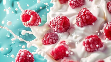 Dynamic Yogurt Splash with Fresh Raspberries Against Vibrant Teal Background for Food Design