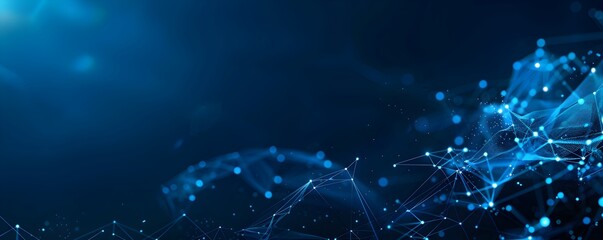 Poster - Abstract blue background with glowing lines and dots forming an interconnected network pattern, symbolizing global connectivity in digital technology or data transfer concept
