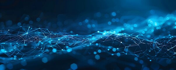 Poster - Abstract blue background with glowing lines and dots forming an interconnected network pattern, symbolizing global connectivity in digital technology or data transfer concept
