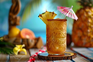 Wall Mural - Tropical Mai Tai Cocktail with Pineapple and Paper Umbrella in Tiki Mug for Luau Decor Inspiration