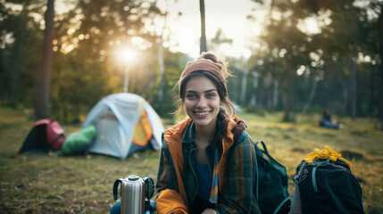 Canvas Print - Hapy young woman smiling between the camp tents in a campsite