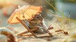 © Ludmila - Cute mouse relaxes on a tiny beach chair under an orange umbrella. Perfect image for summer and vacation themes, featuring a unique and playful setting.