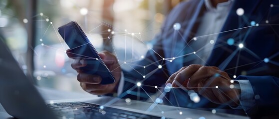 Poster - Close up of a businessman using a laptop and smartphone with a digital connection network on an office background, in the style of a business technology concept banner design
