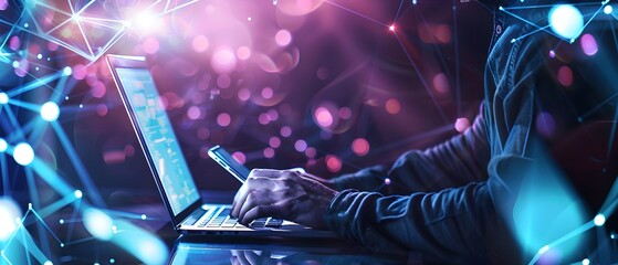 Poster - Digital technology banner with a businessman using a laptop and smartphone for online connection networks, in the style of a digital marketing concept
