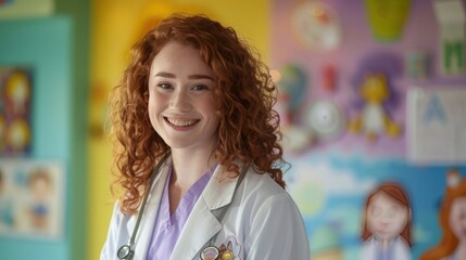 Smiling female doctor in a colorful clinic, ready to help young patients. Bright and cheerful environment with medical equipment around.