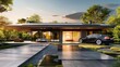 © Chingiz - 3D rendering of a modern house with solar panels and electric cars.
