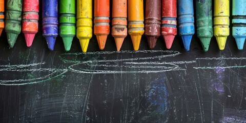 Colorful crayons on the black blackboard, drawing, drawn lines. Back to school background with copy space