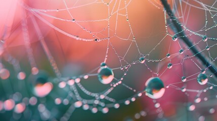 A spider web adorned with dew droplets in the early morning light.

