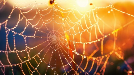 A spider web adorned with dew droplets in the early morning light.

