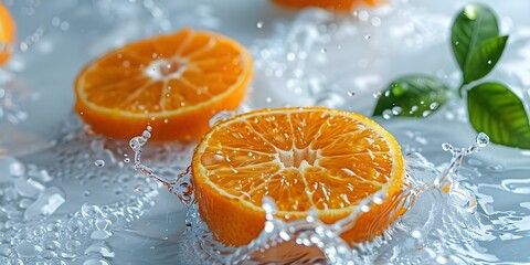 Fresh mandarin orange slices with water droplets and splashes on white background. Concept Food Photography, Mandarin Orange, Healthy Snack, Water Droplets, White Background