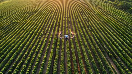 Drone flying over a crop field at sunset