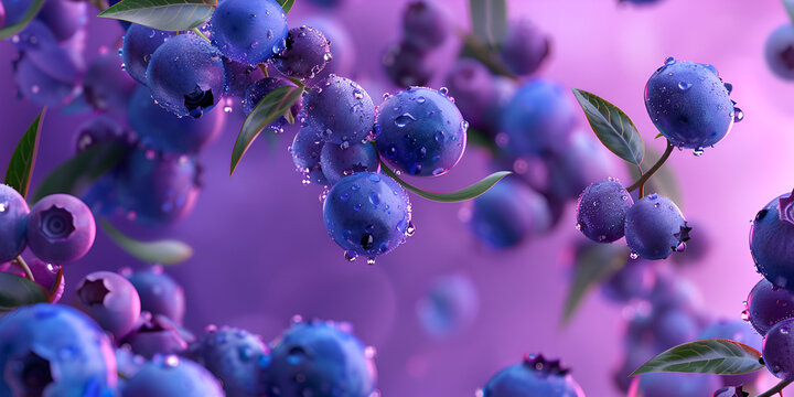  close-up of blueberries The berries are wet and shiny, reflecting purple light The background is a blurred purple color, giving a sense of depth to the image.