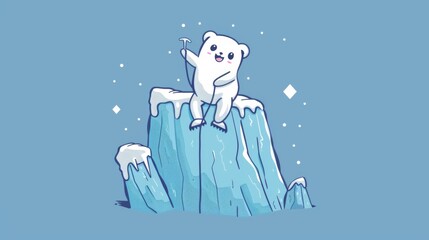 Poster - A cartoon bear sitting on top of a mountain with an ice pick, AI