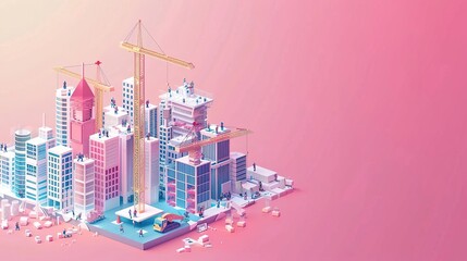 Wall Mural - Isometric illustration of a city under construction with cranes and buildings.