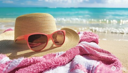 Sticker - Sun Hat and Sunglasses on Towel by the Ocean Shore