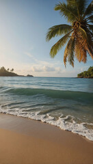 Wall Mural - Tranquil tropical island beach scene, perfect for a calming wallpaper with palm trees and golden sands.
