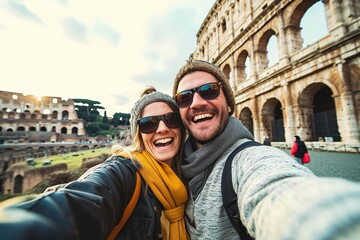 Happy caucasian couple is taking a selfie smiling at the camera in front of the colosseum in Rome, Generative AI